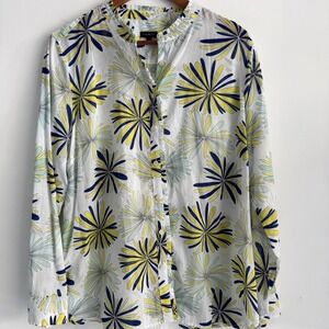 Talbots Floral Ruffle Button‎ Up Artsy Retro Lightweight Yellow Blue Large